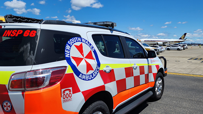 A photo of a NSW Ambulance Inspector car on the tarmac at Sydney Kingsford Smith Airport  for Exercise Galvanise on 2 November 2022 - a training exercise simulating a plane crash. 